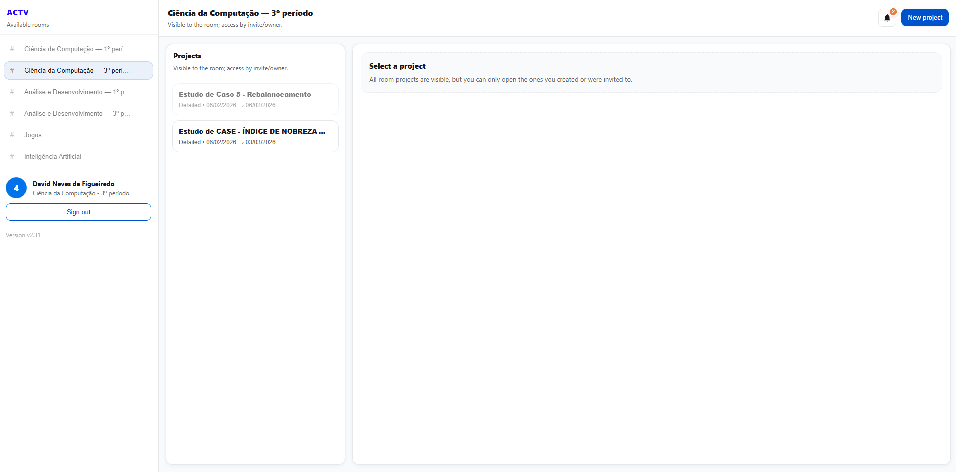 Sala da turma com a lista de projetos