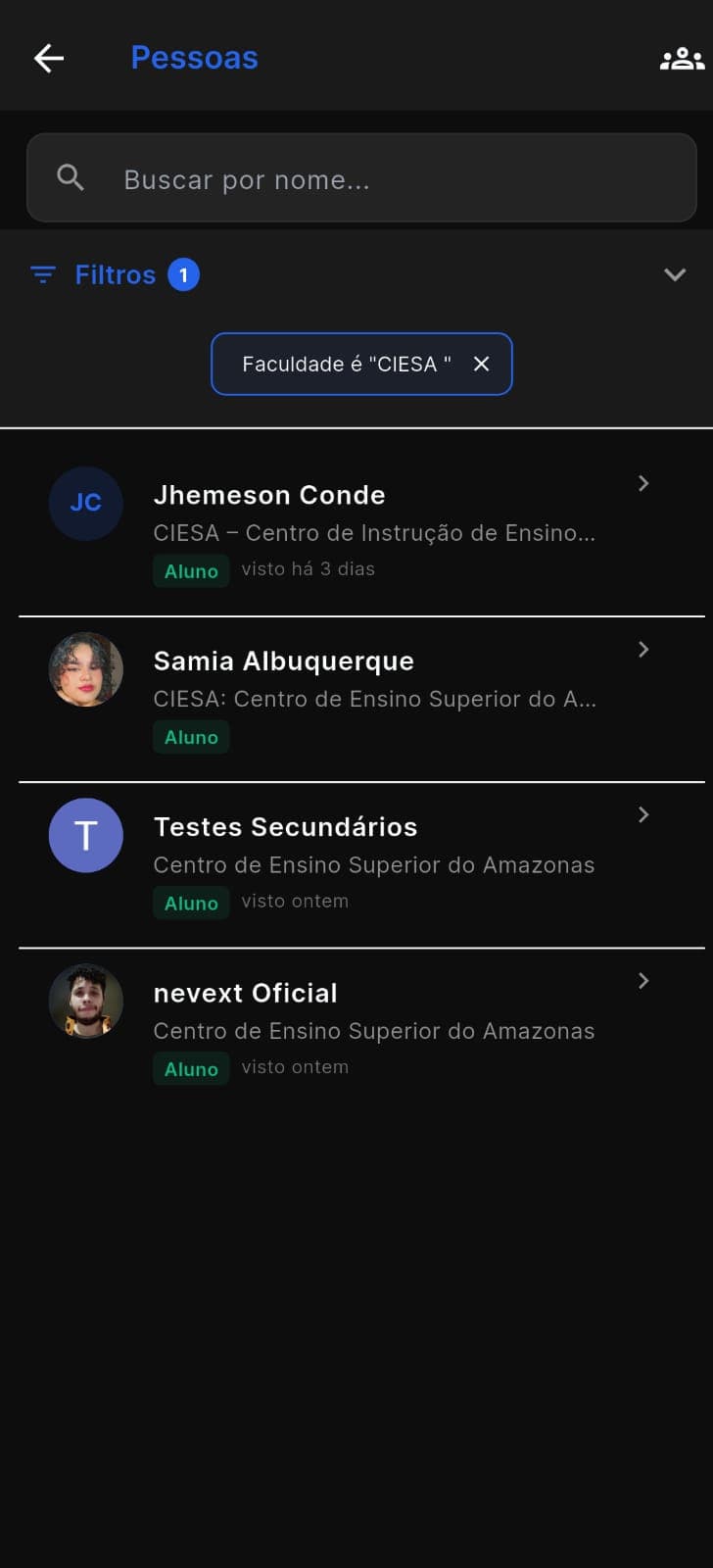Lista de Pessoas da instituição, com filtro por faculdade
