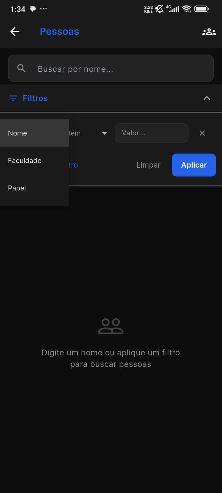 Filtros da busca de Pessoas: por Nome, Faculdade ou Papel