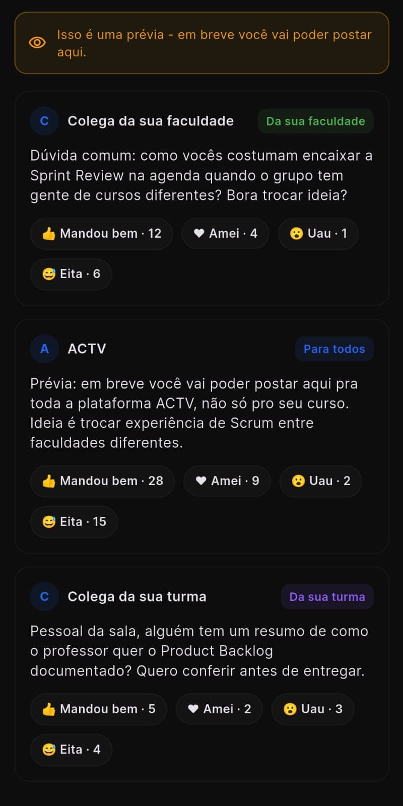 Feed do ACTV, com posts da faculdade, da turma e da equipe do ACTV