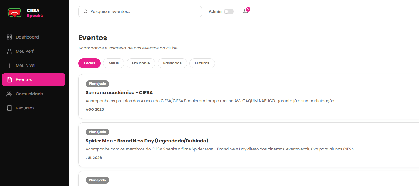 Aba Eventos, com a lista de eventos do clube