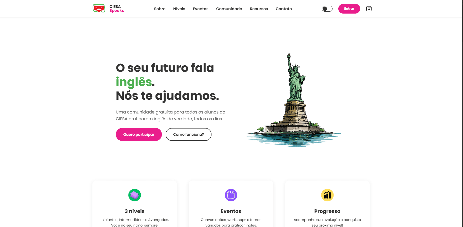 Tela inicial do site, com a chamada "O seu futuro fala inglês"