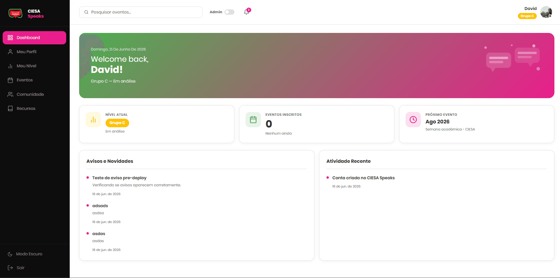 Painel (dashboard) de boas-vindas após o login