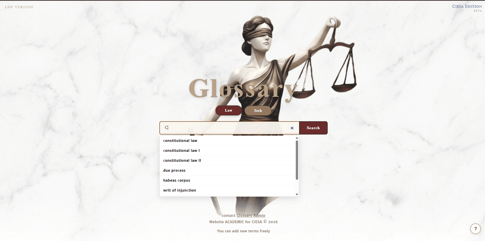 Busca na categoria Law, com sugestões em tempo real