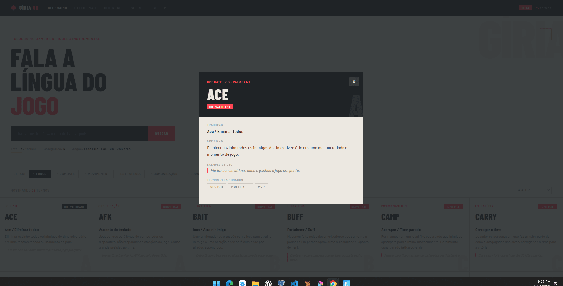 Modal de detalhes do termo "Ace", com tradução, definição e termos relacionados