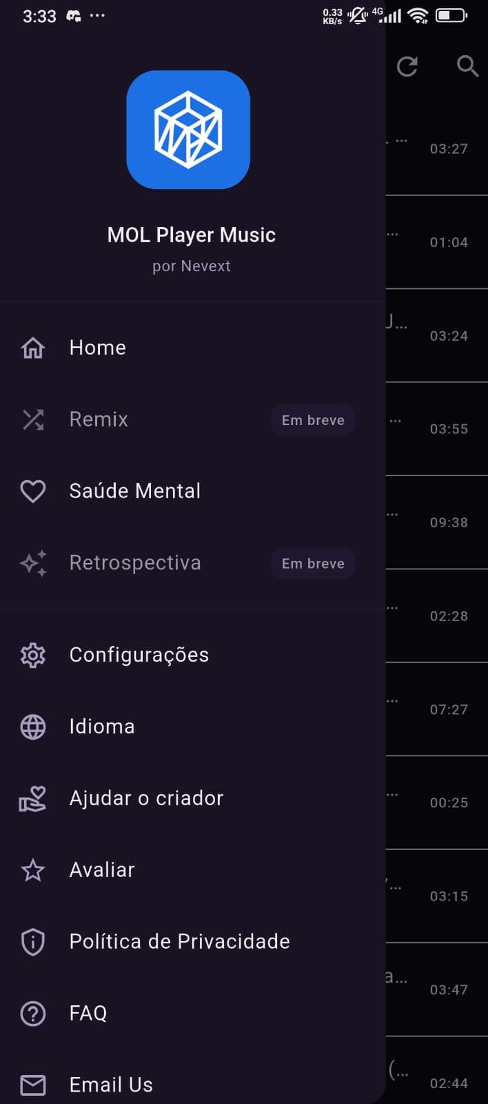 Menu lateral do MOL Music Player, com "Remix" e "Retrospectiva" marcados como "Em breve"