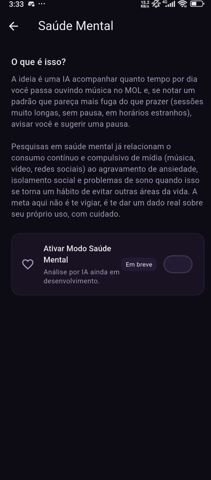 Tela "Saúde Mental", explicando a IA que acompanha hábitos de escuta