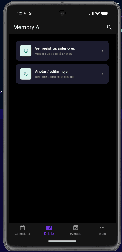 Aba Diário, com as opções de ver registros anteriores e anotar o dia