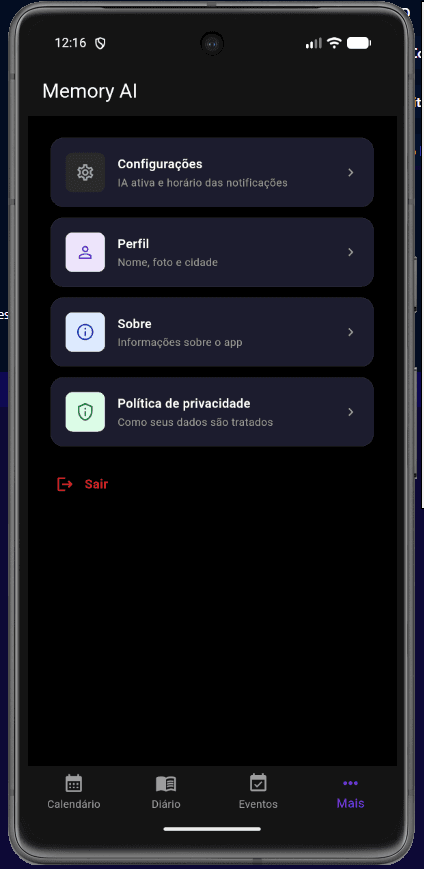 Aba Mais, com configurações, perfil, sobre e política de privacidade