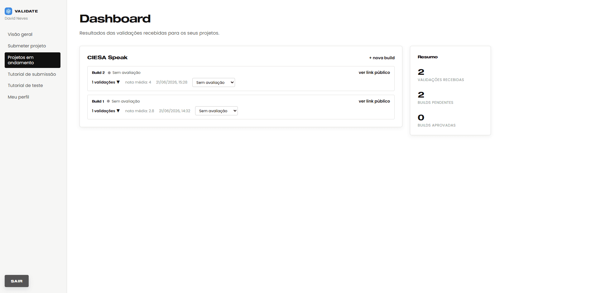 Dashboard com os projetos e builds em andamento