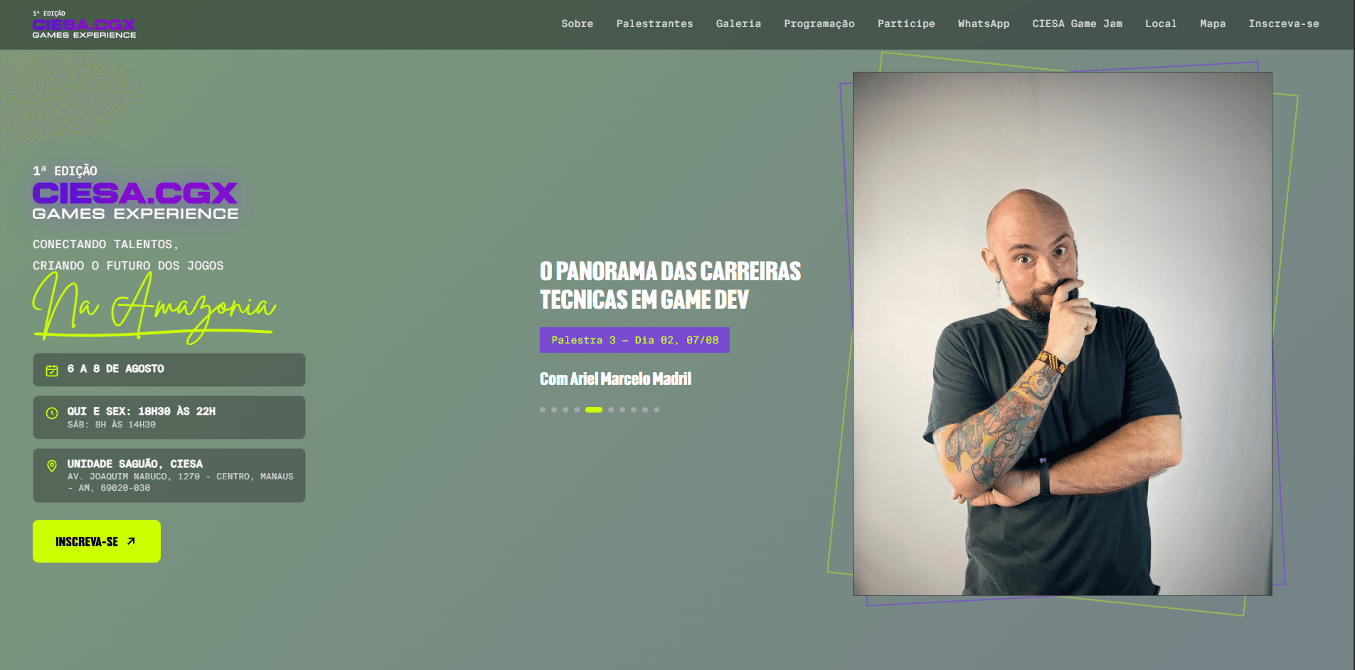 Tela inicial do site, com a chamada "Conectando talentos, criando o futuro dos jogos na Amazônia"