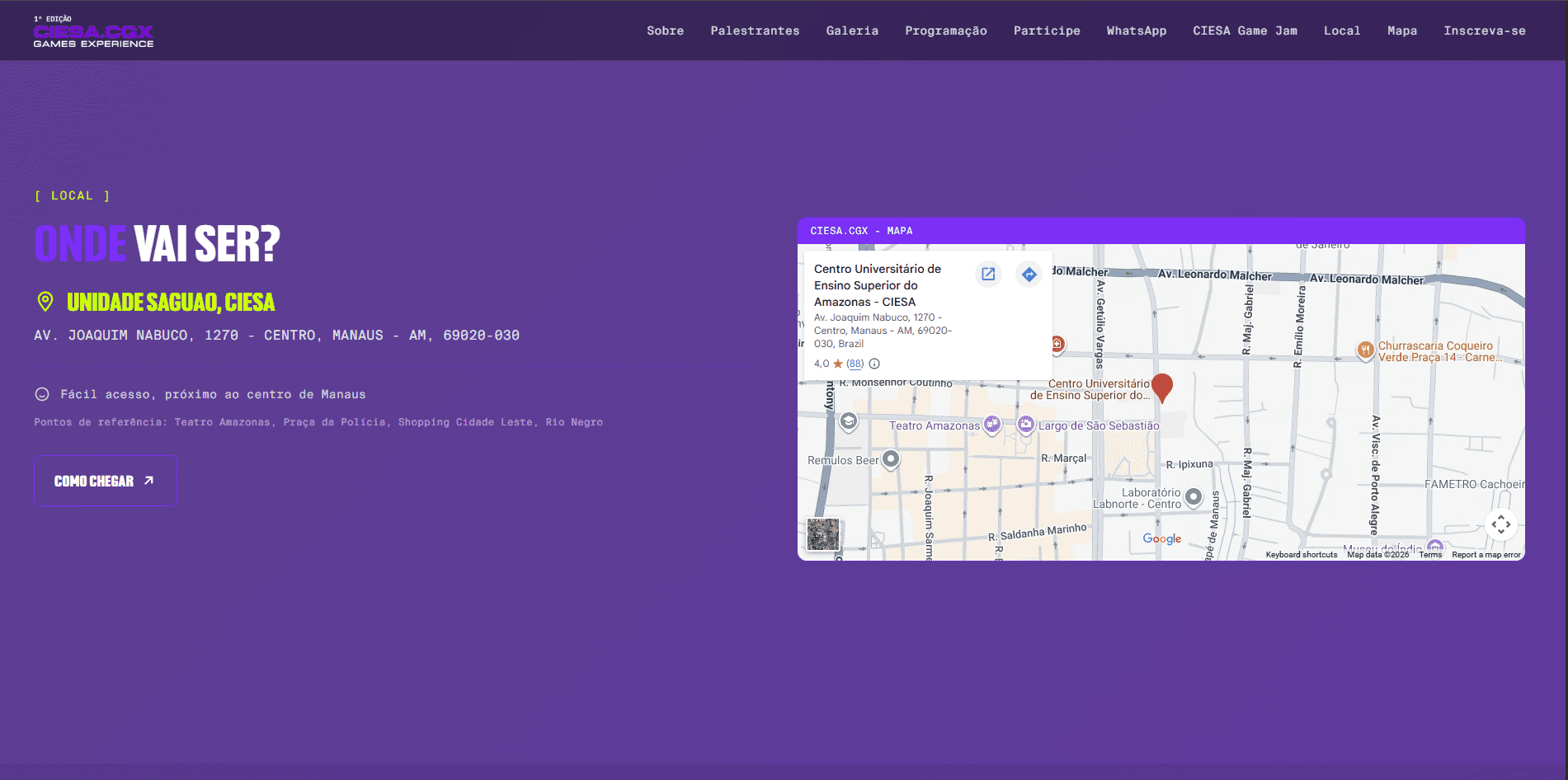 Seção "Onde vai ser?", com endereço e mapa do local do evento