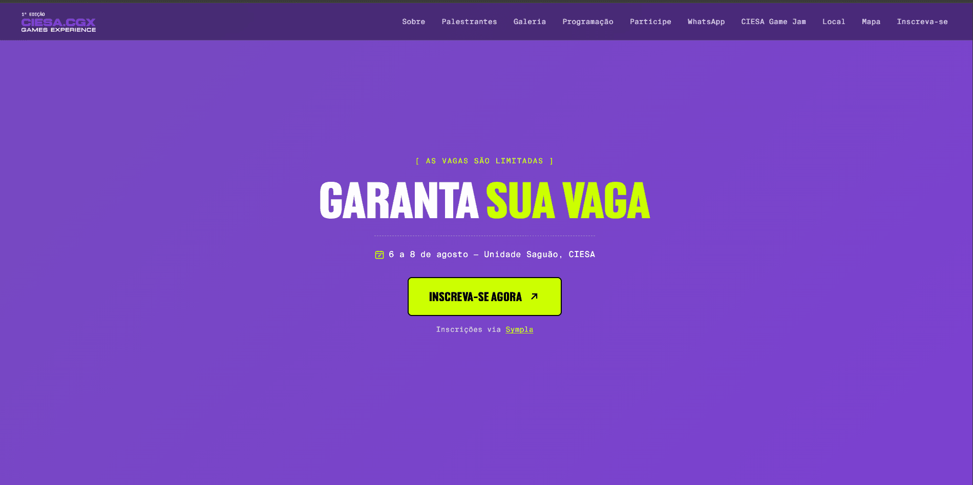 Seção "Garanta sua vaga", com o botão de inscrição via Sympla