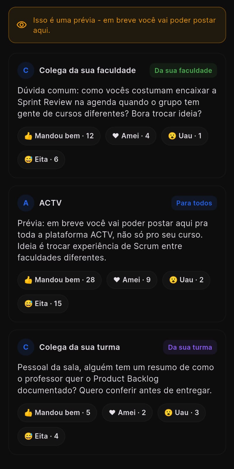 Feed do ACTV, com posts da faculdade, da turma e da equipe do ACTV