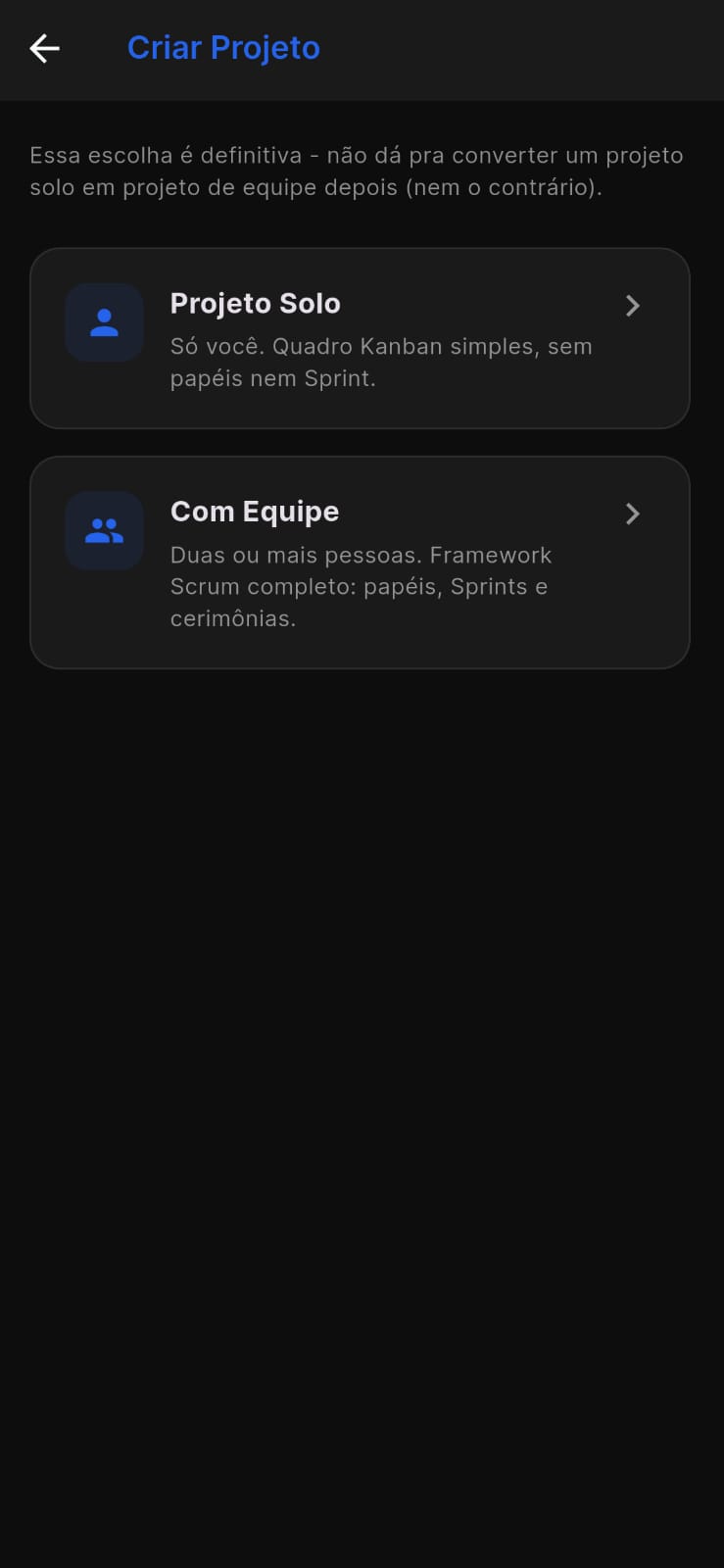 Tela de criar projeto: Projeto Solo ou Com Equipe