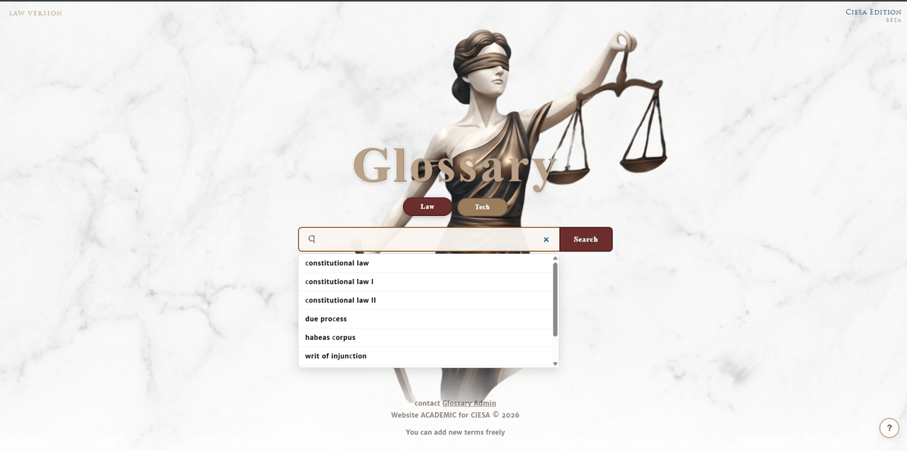 Busca na categoria Law, com sugestões em tempo real