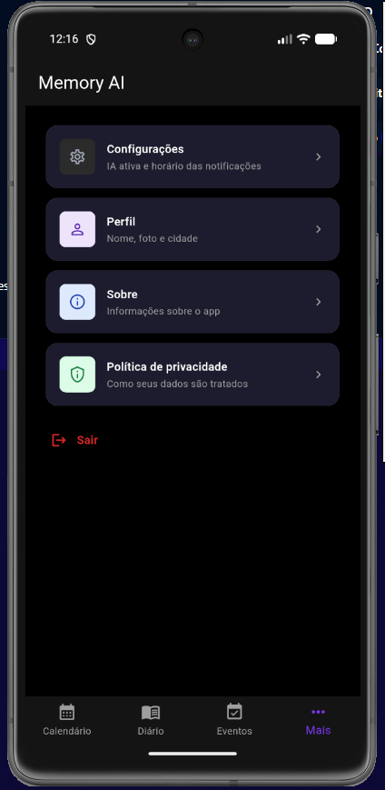 Aba Mais, com configurações, perfil, sobre e política de privacidade