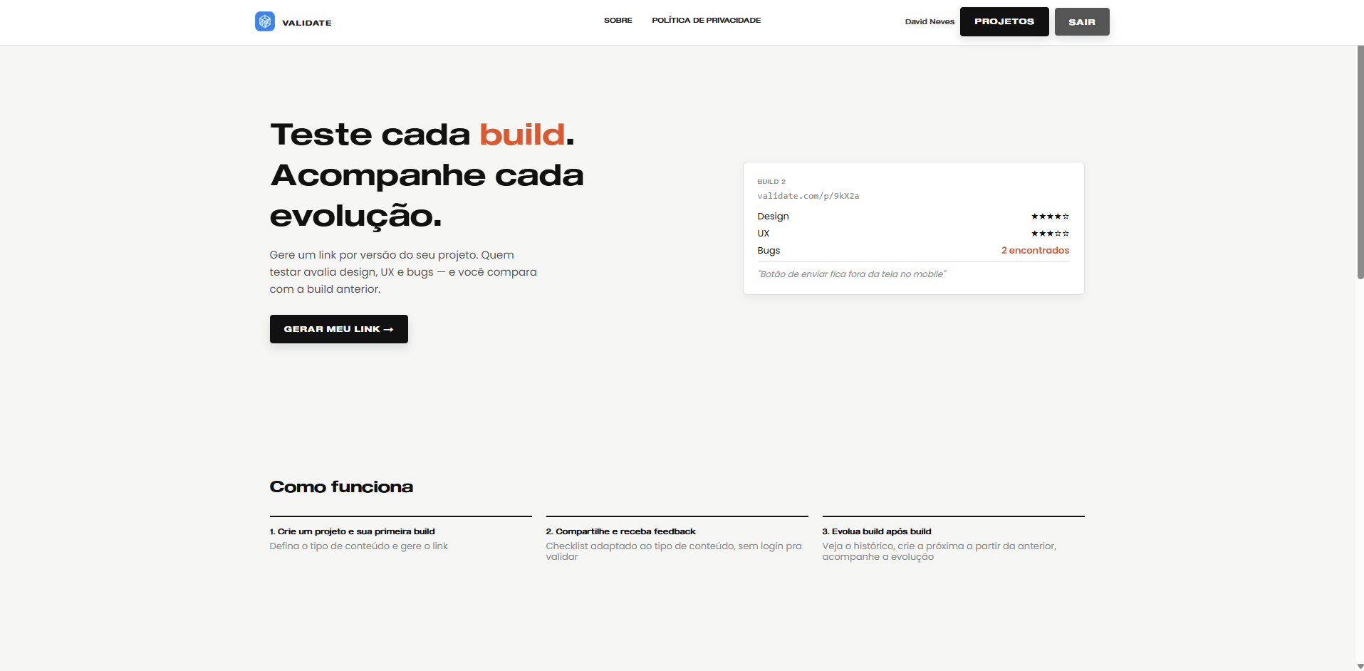 Tela inicial do Validate, com a chamada "Teste cada build"