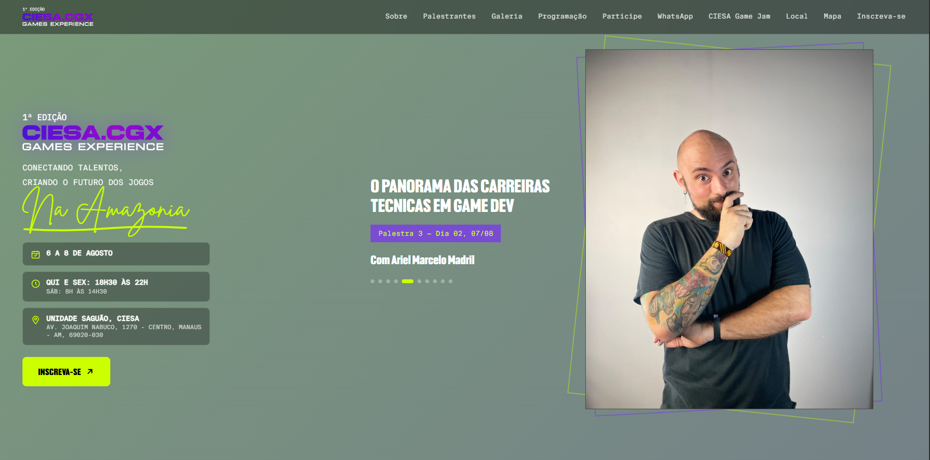 Tela inicial do site, com a chamada "Conectando talentos, criando o futuro dos jogos na Amazônia"