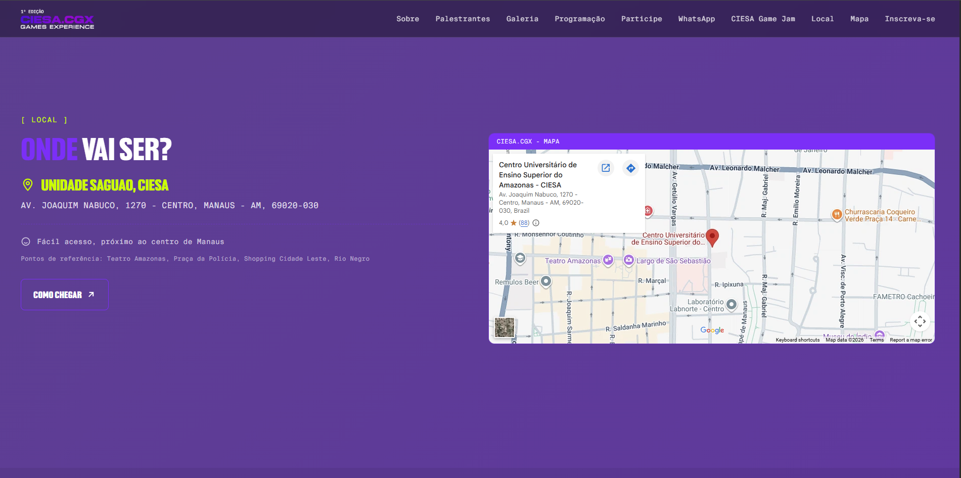Seção "Onde vai ser?", com endereço e mapa do local do evento