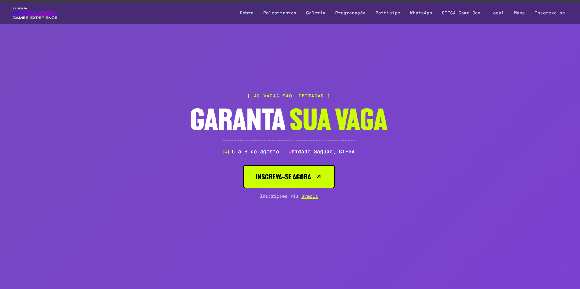 Seção "Garanta sua vaga", com o botão de inscrição via Sympla